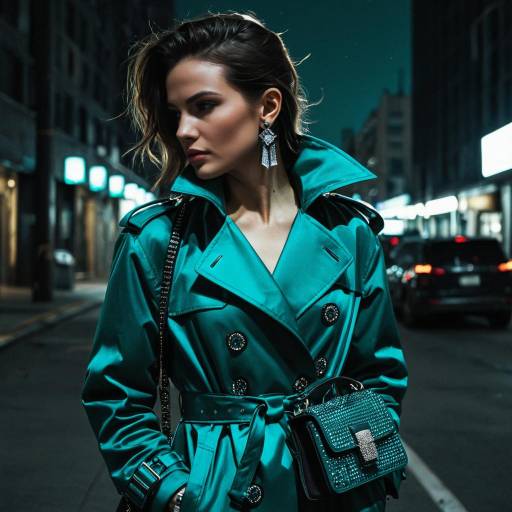 Elegant Woman in Teal Trench Coat at Night