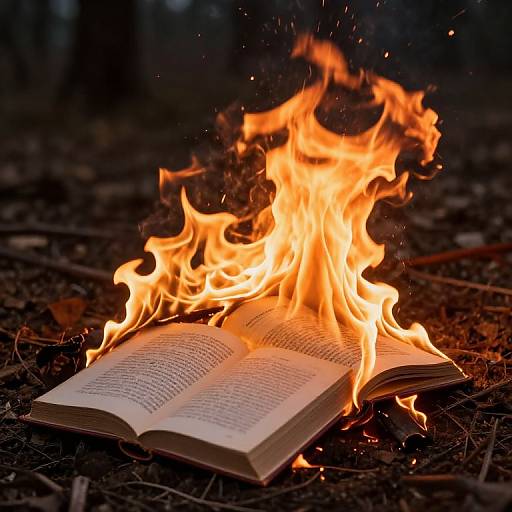 Photograph of an open book engulfed in bright, orange flames in a dark forest, with sparks flying upward.