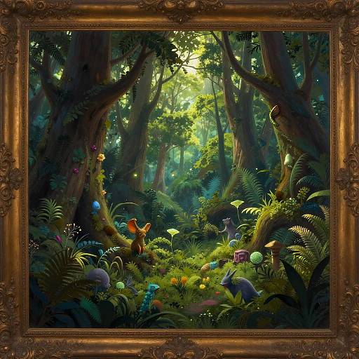 Digital painting of a lush, enchanted forest with colorful mushrooms, glowing fireflies, and whimsical creatures, framed in an ornate gold frame.