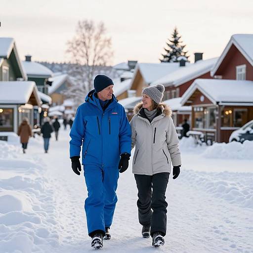 Photograph of a smiling couple walking hand-in-hand in a snowy village, wearing winter clothes; blue jacket and beanie for the man, grey jacket
