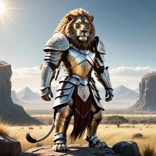 Lion Warrior in Detailed Armor in Savanna