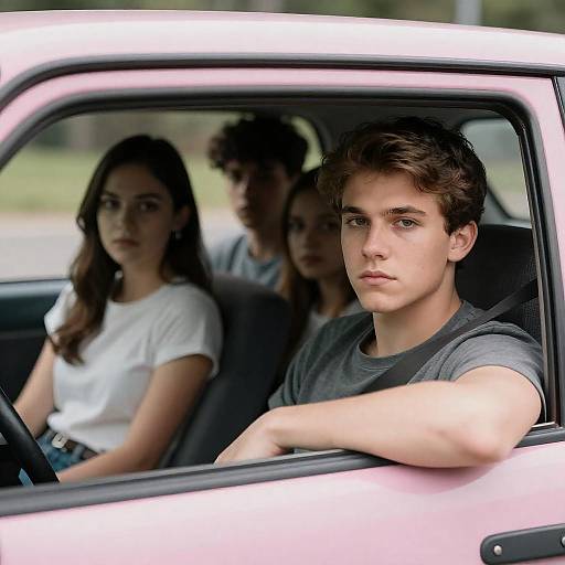 Serious Group in Pink Car Snapshot