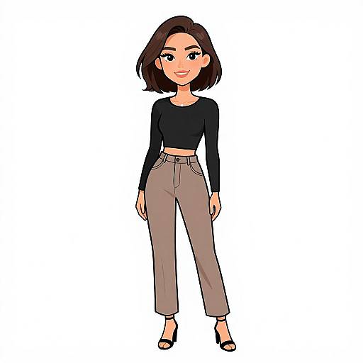 Digital illustration of a smiling woman with short brown hair, wearing a black long-sleeve crop top, high-waisted beige pants, and black