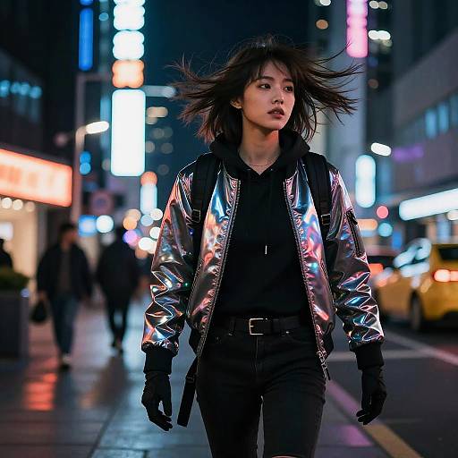Photograph of an Asian woman with black hair in a neon reflective jacket, black shirt, and gloves, walking at night on a brightly lit urban street