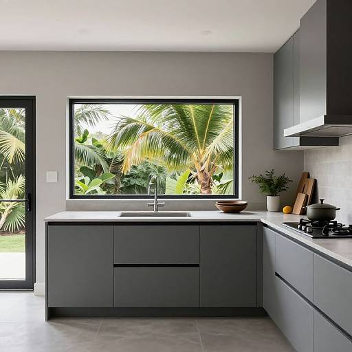 Modern kitchen photograph with gray cabinets, white sink, black stove, potted plant, palm tree view through large window, and dark door.