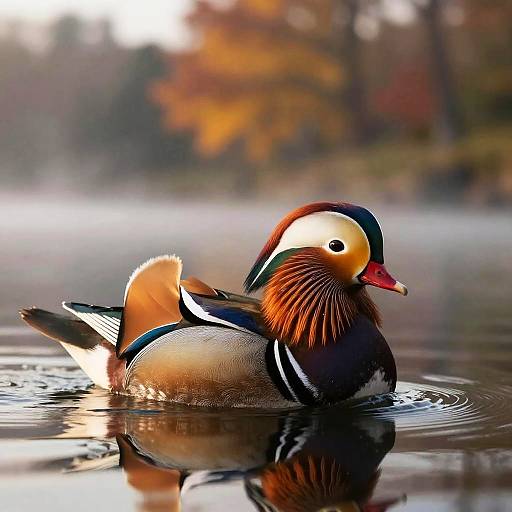 Photograph of a vibrant male wood duck with striking orange head, white face, black and white chest, and colorful plumage, floating on calm water