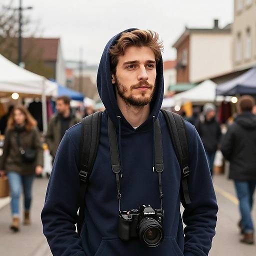Photograph of a bearded, brown-haired man in a navy hoodie, camera slung around neck, standing in a bustling outdoor market.