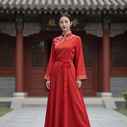 Photograph of an Asian woman with black hair in a traditional red Chinese dress, standing in front of a traditional building.