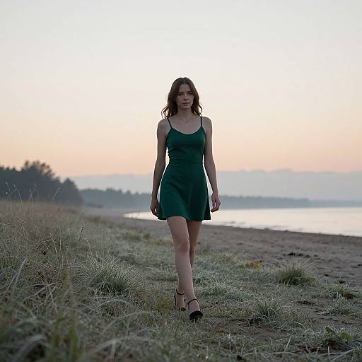 Photograph of a young woman with shoulder-length brown hair, wearing a dark green, sleeveless dress and black heels, walking along a grassy beach
