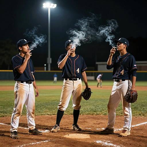 Photograph of three baseball players in navy uniforms and white pants, smoking on a dimly lit baseball field at night.