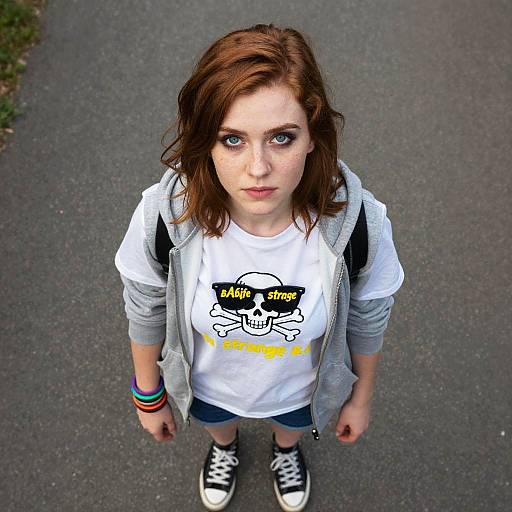 Photograph of a young white woman with red hair, blue eyes, wearing a white 