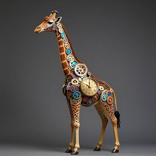 Photograph of a giraffe sculpture adorned with colorful, intricate gears and clock faces, standing against a gradient dark blue background.