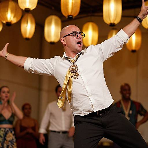 Photograph of a bald, glasses-wearing man in a white shirt and gold tie, energetically dancing with arms raised, surrounded by warm,