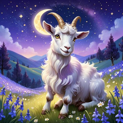 Dreamy Nighttime Goat in Bluebells