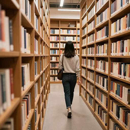 Photograph of a woman with black hair, wearing a beige sweater, dark jeans, and brown shoes, walking down a narrow library aisle with wooden book