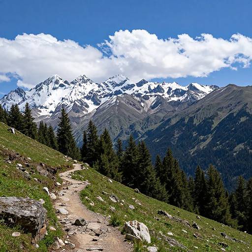 Photograph of a mountainous landscape with a dirt trail winding through green grass, pine trees, and snow-capped peaks under a bright blue sky with