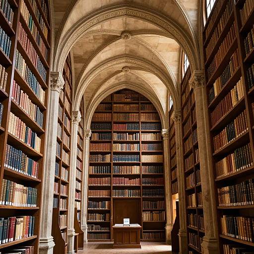 Photograph of a grand, Gothic-style library with tall, arched ceilings, rows of dark wooden bookshelves filled with colorful books, and a