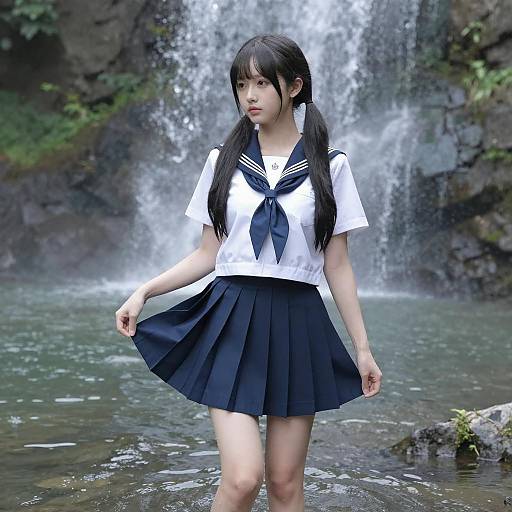 Graceful Woman by Waterfall