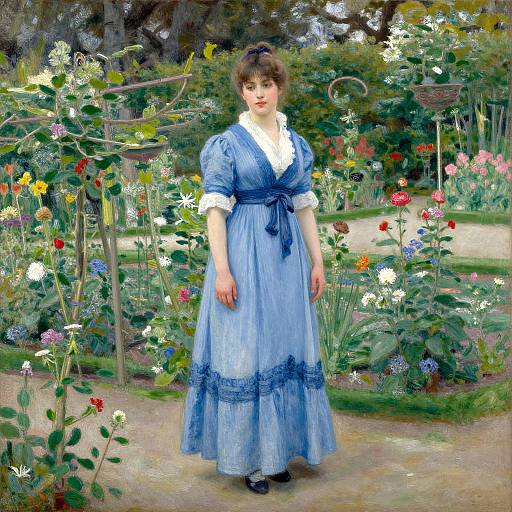 Victorian-style painting of a woman in a blue dress with white collar, standing in a vibrant, colorful garden filled with flowers.