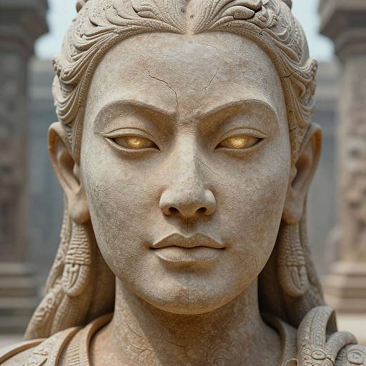 Photograph of a detailed, weathered stone Buddha statue with glowing amber eyes, intricate hair, and serene expression, set against a blurred temple background.
