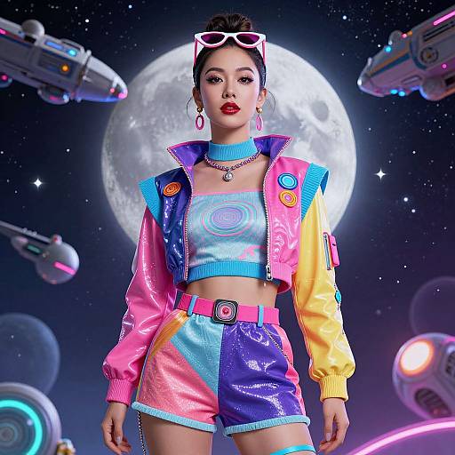 Digital artwork of an Asian woman in vibrant, neon-colored 80s space-inspired outfit, with colorful jacket and shorts, white sunglasses, against a moon