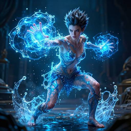 Digital artwork of a muscular, spiky-haired woman wielding glowing blue water energy, in a dynamic fighting stance, surrounded by water splashes. Dark,
