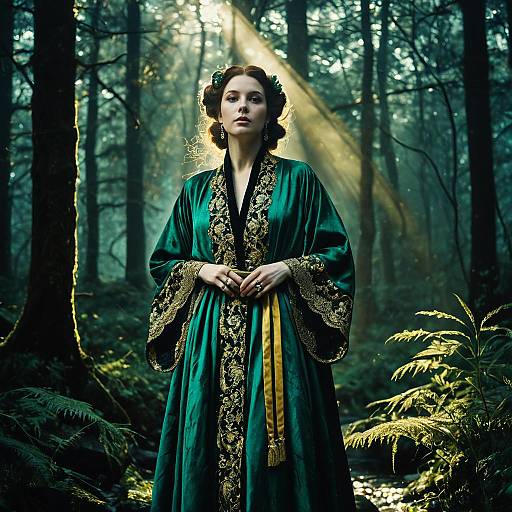 Woman in Emerald Silk Robe in Mystical Forest