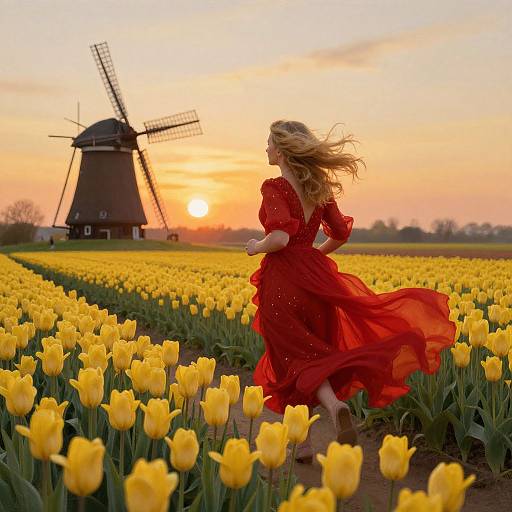 Photograph of a blonde woman in a flowing red dress running through a vibrant yellow tulip field at sunset, with a traditional black windmill in the