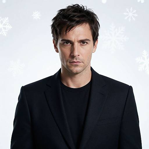 Photograph of a serious, fair-skinned man with dark, tousled hair, wearing a black blazer over a black shirt, against a white