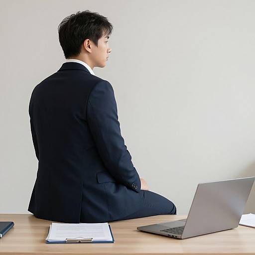 Photograph of an Asian man in a black suit, sitting on a wooden desk, facing right, working on a laptop, with a clipboard and papers