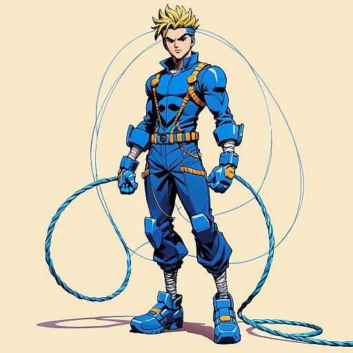 Futuristic Male Character with Cable in Blue Bodysuit