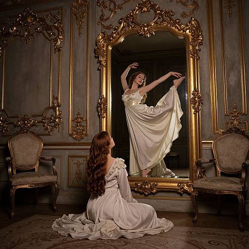 Photograph of a woman with long brown hair, kneeling in front of an ornate gold mirror, wearing a white, off-shoulder satin gown