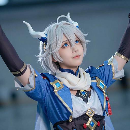 Cosplayer with White Hair and Horns