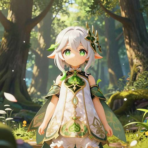 Digital anime-style illustration of a cute, white-haired elf child with green eyes and pointed ears, wearing a green and white ornate outfit, standing in