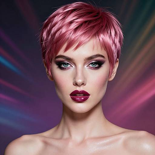 Digital portrait of a fair-skinned woman with short, vibrant pink hair, striking blue eyes, dark purple eyeliner, and glossy red lips, against