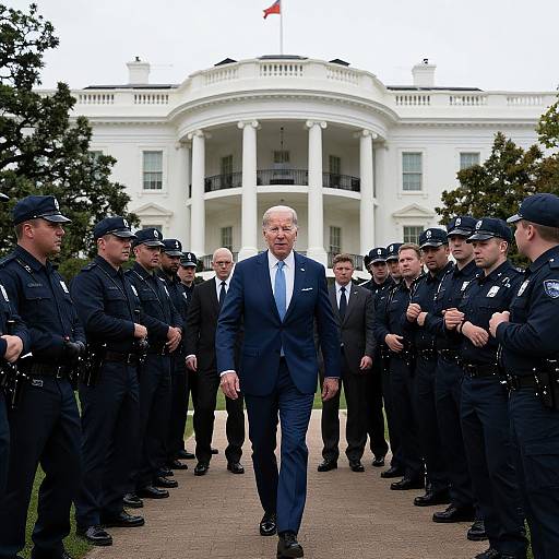 Photograph of a bald, middle-aged man in a navy suit and tie walking between two rows of uniformed police officers in front of the White House