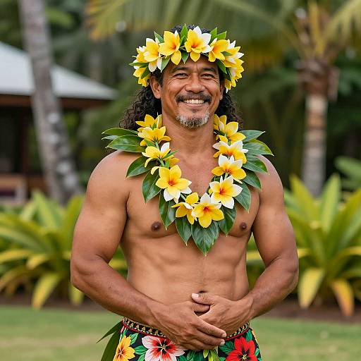 Muscular Man in Hawaiian Floral Costume
