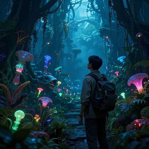 Digital artwork of a man with a backpack, standing in a glowing, bioluminescent forest, surrounded by colorful, mushroom-like plants.
