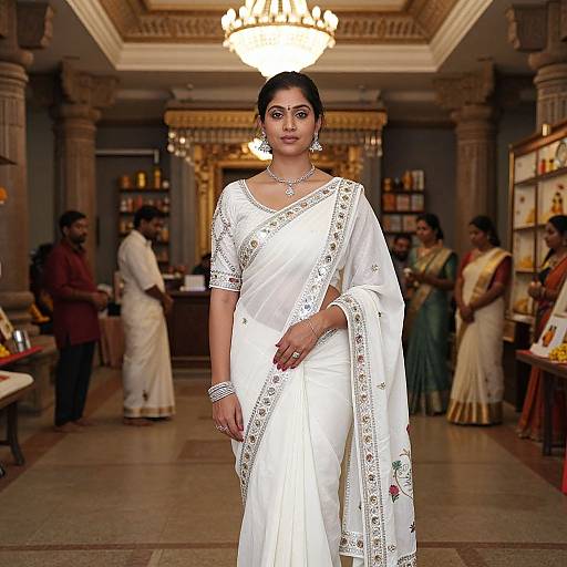 Photograph of an Indian woman in a white silk saree with gold embroidery, standing confidently in a ornate, dimly lit hall. Background includes