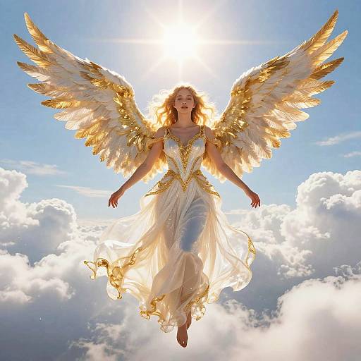 Photograph of a radiant, blonde angel woman with golden wings and a white, flowing gown, floating in a bright, cloudy sky.