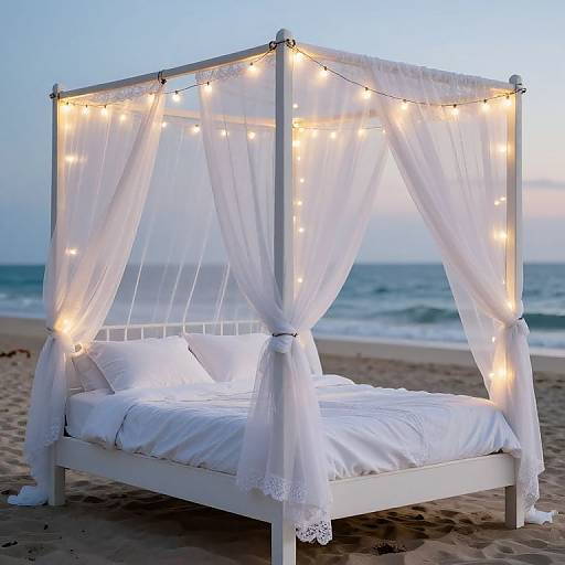 Photograph of a white four-poster bed with sheer curtains, string lights, and white bedding on a sandy beach at dusk.