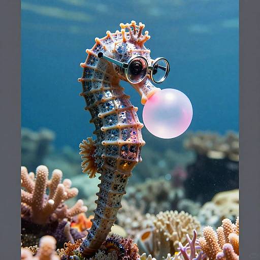 Seahorse Sculpture Blowing Bubblegum Underwater