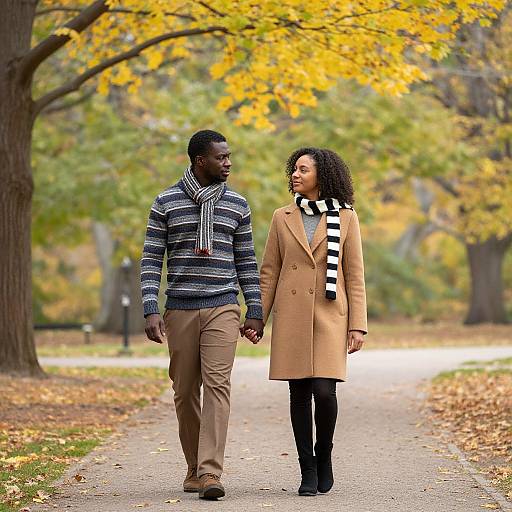 Photograph of a Black couple holding hands on a park path, wearing autumn attire—striped sweater, tan coat, black scarf, and pants—