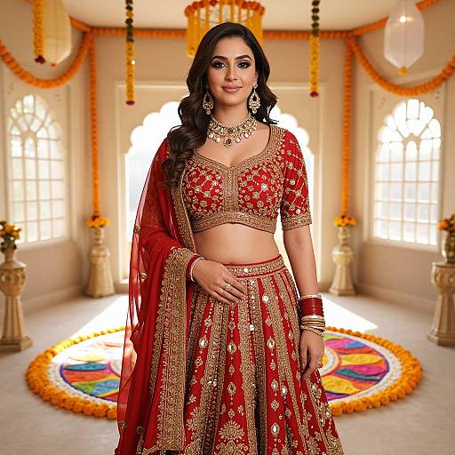 Photograph of an Indian woman in a red and gold traditional lehenga-choli, adorned with intricate embroidery, standing in a brightly lit, decorated room