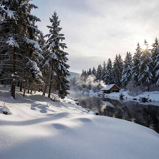 Winter Cabin by Snowy Fir Forest