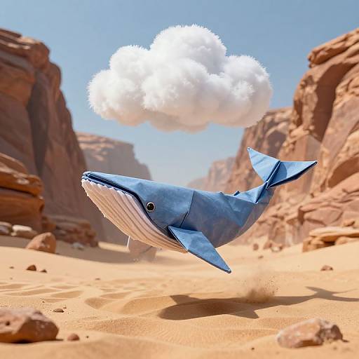 Photorealistic CGI of a blue whale with paper-craft texture flying through a desert canyon with a fluffy white cloud above.