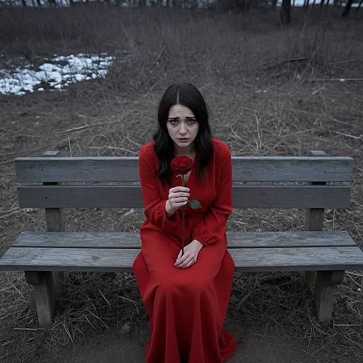 Photograph of a sad young woman with long dark hair, wearing a red dress, sitting on a wooden bench, holding a red rose in a barren
