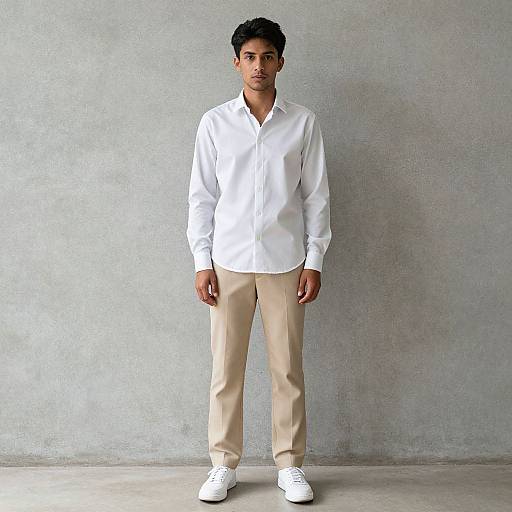 Photograph of a young South Asian man with short black hair, wearing a white button-up shirt, beige pants, and white sneakers, standing against a