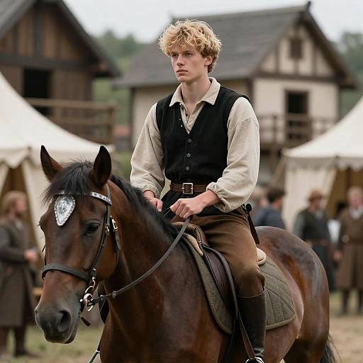 Young Rider in Medieval Town Scene