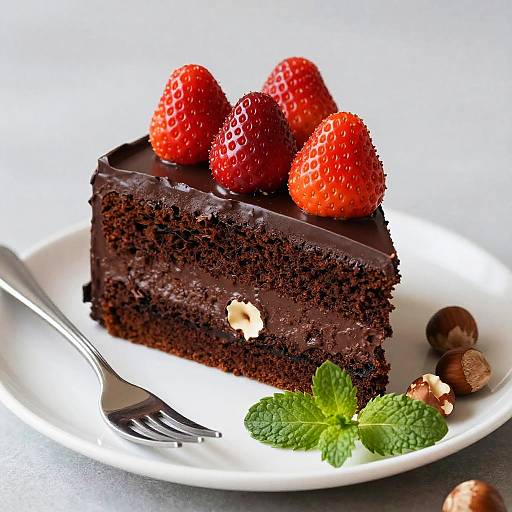 Chocolate Cake Slice with Strawberries and Hazelnuts